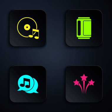 Firework, Vinil disk, müzik notası konuşma balonu ve bira kutusu ayarla. Siyah kare düğme. Vektör.