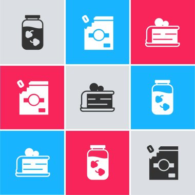 Çilek reçeli kavanozunu, şeker paketini ve pasta ikonunu hazırla. Vektör.