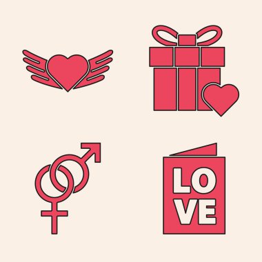 Sevgililer Günü partisi ilanı, kanatlı kalp, hediye kutusu, kalp ve cinsiyet ikonu. Vektör.