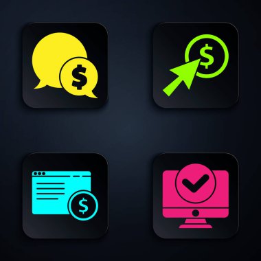 Bilgisayar monitörünü, dolar ile konuşma baloncuğunu, ekranda online alışverişi, imleç ve madeni parayı ayarla. Siyah kare düğme. Vektör.