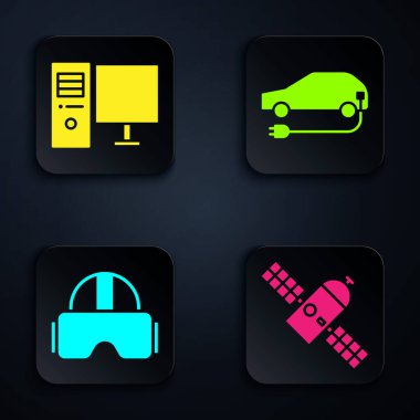 Uydu, bilgisayar monitörü, sanal gerçeklik gözlükleri ve elektrikli araba ayarla. Siyah kare düğme. Vektör.