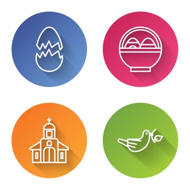 Kırık yumurta, paskalya yumurtalı sepet, kilise binası ve zeytin dallı barış güvercini. Renkli daire düğmesi. Vektör.