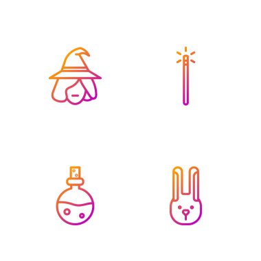 Kulaklı Tavşan, Şişe Aşk İksiri, Cadı ve Sihirli Asa. Renk simgeleri. Vektör.