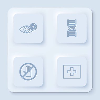 Virüs, DNA sembolü, tokalaşma ve ilk yardım çantası yüzünden kırmızımsı bir göz ayarla. Beyaz kare düğme. Vektör.