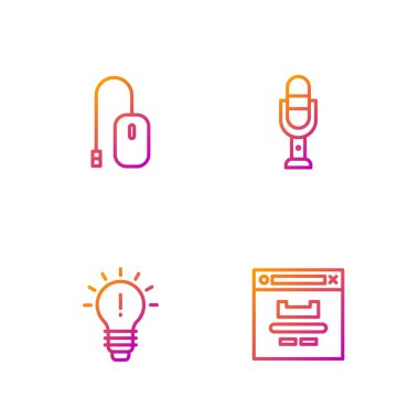 Satır Tarayıcı penceresi, fikir kavramına sahip ampul, Bilgisayar faresi ve mikrofon ayarla. Renk simgeleri. Vektör.