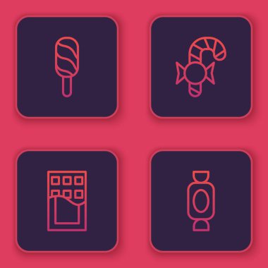 Dondurma, çikolata, Noel şekeri ve şeker. Mavi kare düğme. Vektör.