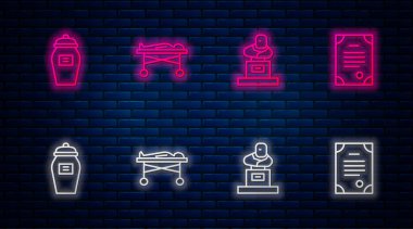 Morgda bir ceset, mezar taşı, cenaze vazosu ve ölüm sertifikası var. Tuğla duvarda parlayan neon simgesi. Vektör.