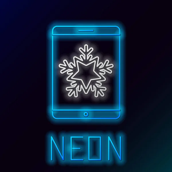 Glowing Neon Line Merry Christmas Smartphone Snowflake Icon Isolated Black — Stock Vector