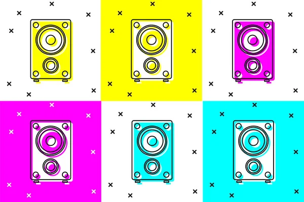 Setzen Sie Das Stereo Lautsprechersymbol Isoliert Auf Farbigem Hintergrund Soundsystem — Stockvektor