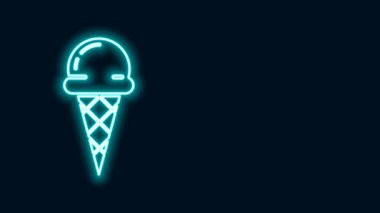 Siyah zemin üzerinde izole edilmiş waffle konisi ikonunda parlayan neon çizgisi dondurma. Güzel sembol. 4K Video hareketli grafik canlandırması
