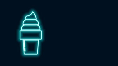 Siyah zemin üzerinde izole edilmiş waffle konisi ikonunda parlayan neon çizgisi dondurma. Güzel sembol. 4K Video hareketli grafik canlandırması