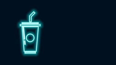 Siyah zemin üzerinde saman ve su ikonu olan parlak neon şeritli kağıt bardak. Soda bardağı. Taze soğuk içecek sembolü. 4K Video hareketli grafik canlandırması