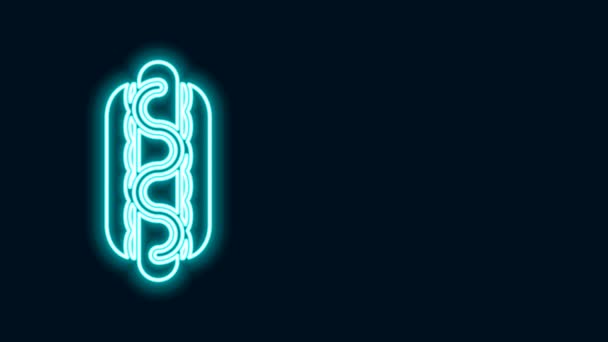 Glödande neon line varmkorv smörgås med senapsikon isolerad på svart bakgrund. Korvikon. Snabbmatsmeny. 4K Video motion grafisk animation — Stockvideo