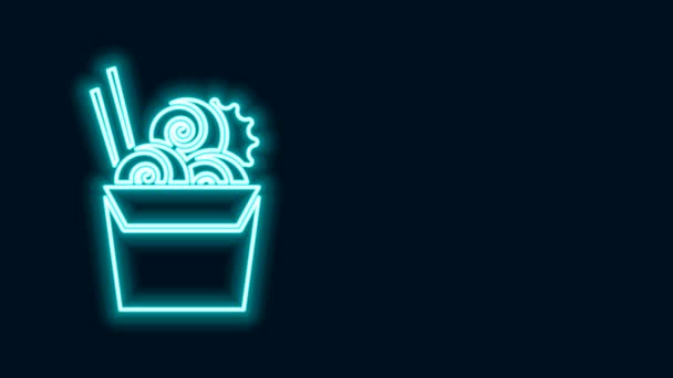 Leuchtende Neon-Linie asiatische Nudeln in Pappschachtel und Essstäbchen Symbol isoliert auf schwarzem Hintergrund. Street-Fast-Food-Menü. Koreanisches, japanisches, chinesisches Essen. 4K Video Motion Grafik Animation — Stockvideo