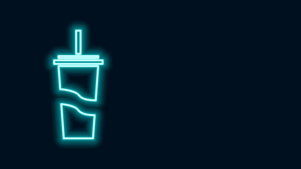 Ligne lumineuse néon Verre en papier avec paille à boire et icône de l'eau isolée sur fond noir. Un verre de soda. Symbole de boisson fraîche froide. Animation graphique de mouvement vidéo 4K — Video