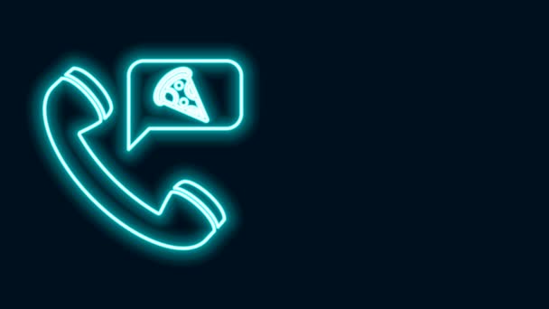 Светящаяся неоновая линия Продовольственная заказывать иконку пиццы изолированы на черном фоне. Заказ по мобильному телефону. Концепция доставки еды в ресторан. Видеографическая анимация 4K — стоковое видео