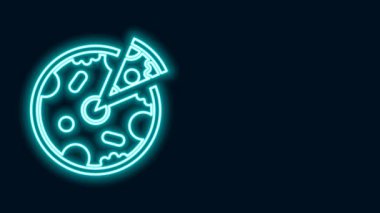 Parlayan neon hattı pizza simgesi siyah arkaplanda izole edildi. Fast food menüsü. 4K Video hareketli grafik canlandırması
