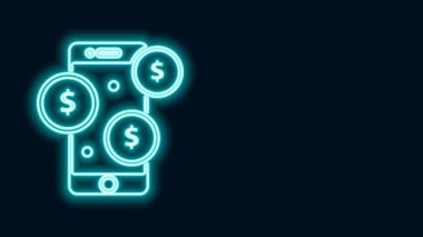 Siyah arkaplanda dolar sembolü olan parlak neon hattı Smartphone. İnternetten alışveriş konsepti. Finansal cep telefonu simgesi. Çevrimiçi ödeme. 4K Video hareketli grafik canlandırması