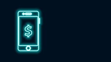 Siyah arkaplanda dolar sembolü olan parlak neon hattı Smartphone. İnternetten alışveriş konsepti. Finansal cep telefonu simgesi. Çevrimiçi ödeme. 4K Video hareketli grafik canlandırması