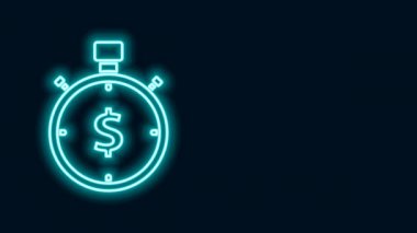 Parlayan neon hattı Zaman siyah arkaplanda izole edilmiş para simgesidir. Para zamandır. Etkili zaman yönetimi. Zamanı paraya çevir. Kronometre işareti. 4K Video hareketli grafik canlandırması
