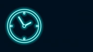 Parlayan neon çizgi saat simgesi siyah arkaplanda izole edildi. Zaman sembolü. 4K Video hareketli grafik canlandırması