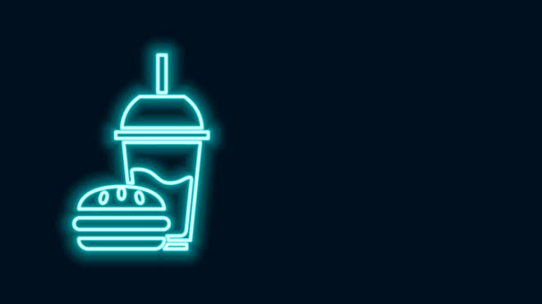Zářící neonová řada Papírové sklo s pitnou slámou a ikonou hamburgru izolované na černém pozadí. Nápis se sodovkou. Hamburger, cheeseburger. Grafická animace pohybu videa 4K — Stock video