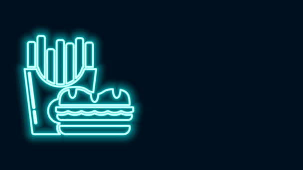 发亮的霓虹灯线汉堡和薯条在纸盒包装图标孤立的黑色背景。汉堡包芝士汉堡三明治快餐菜单。4K视频运动图形动画 — 图库视频影像