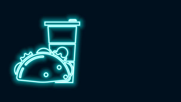 Linha de néon brilhante Vidro de papel e taco com ícone de tortilla isolado no fundo preto. Sinal de bebida com refrigerante. Hambúrguer, hambúrguer, sanduíche de cheeseburger. Animação gráfica em movimento de vídeo 4K — Vídeo de Stock