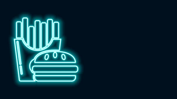 Glödande neon line Burger och pommes frites i kartong förpackning ikon isolerad på svart bakgrund. Hamburgare, ostburgare smörgås. Snabbmatsmeny. 4K Video motion grafisk animation — Stockvideo