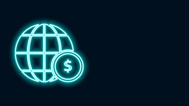 Globo de la Tierra de línea de neón brillante con icono de símbolo de dólar aislado sobre fondo negro. Signo del mundo o la Tierra. Símbolo global de Internet. Formas geométricas. Animación gráfica de vídeo 4K — Vídeos de Stock