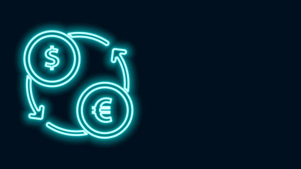 Gloeiende neon lijn Geld wisselen pictogram geïsoleerd op zwarte achtergrond. Euro en Dollar cash transfer symbool. Bancaire munt teken. 4K Video motion grafische animatie — Stockvideo