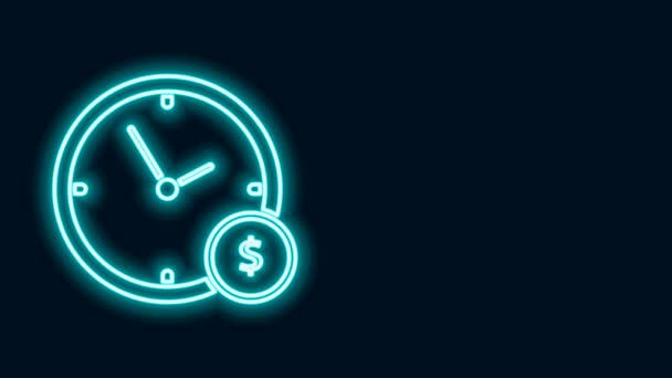 Parlayan neon hattı Zaman siyah arkaplanda izole edilmiş para simgesidir. Para zamandır. Etkili zaman yönetimi. Zamanı paraya çevir. 4K Video hareketli grafik canlandırması — Stok video