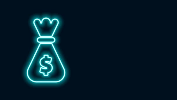 Zářící neonová čára Ikona tašky na peníze izolované na černém pozadí. Symbol dolaru nebo USD. Cash Banking currency sign. Grafická animace pohybu videa 4K — Stock video