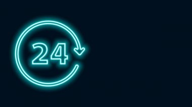 Parlayan neon hattı Saat 24 saat simgesi siyah arkaplanda izole edildi. Tüm gün döngü simgesi. 24 saat hizmet sembolü. 4K Video hareketli grafik canlandırması