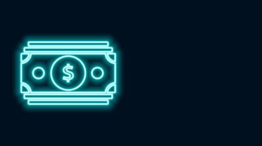 Parlak neon hattı kağıt yığınları para ikonu siyah arka planda izole. Para desteleri. Para birimi. 4K Video hareketli grafik canlandırması