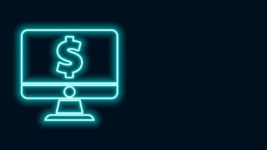 Siyah zemin üzerinde dolar sembolü olan parlak neon hattı bilgisayar monitörü. İnternetten alışveriş konsepti. İnternetten kazanç, pazarlama. 4K Video hareketli grafik canlandırması