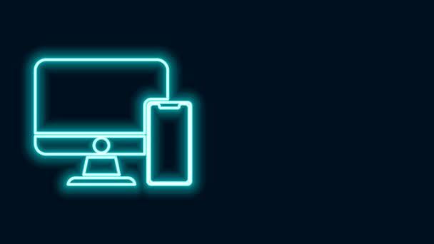 Linea neon incandescente Monitor per computer e icona del telefono cellulare isolati su sfondo nero. Guadagni in Internet, marketing. Animazione grafica 4K Video motion — Video Stock
