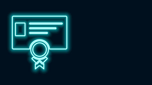 Glowing neon line Certificate template icon isolated on black background. Achievement, award, degree, grant, diploma concepts. Business success certificate. 4K Video motion graphic animation — Stock Video