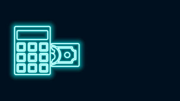 Calculadora de linha de néon brilhante com ícone de símbolo de dólar isolado no fundo preto. Conceito de poupança de dinheiro. Símbolo contabilístico. Animação gráfica em movimento de vídeo 4K — Vídeo de Stock
