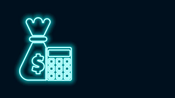 Świecący neon linia Kalkulator z pieniądze worek ikona odizolowany na czarny tło. Znak księgowości. Oblicz symbol finansowy. 4K Animacja graficzna ruchu wideo — Wideo stockowe