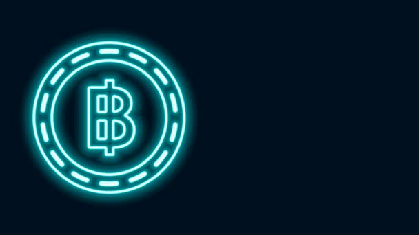 Glödande neon line Cryptocurrency mynt Bitcoin ikon isolerad på svart bakgrund. Blockkedjeteknik, bitcoin, digital penningmarknad, kryptomynt plånbok. 4K Video motion grafisk animation — Stockvideo