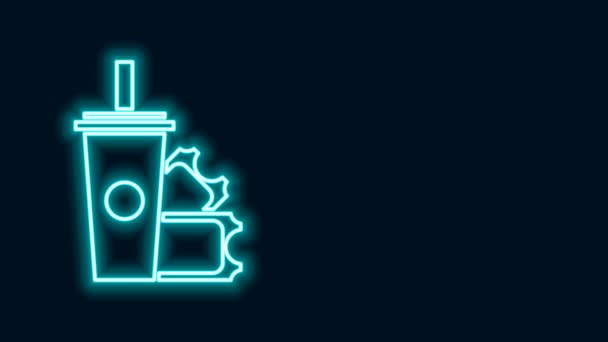 Glödande neon line American Football biljett och pappersglas läsk med dricka halm ikon isolerad på svart bakgrund. 4K Video motion grafisk animation — Stockvideo