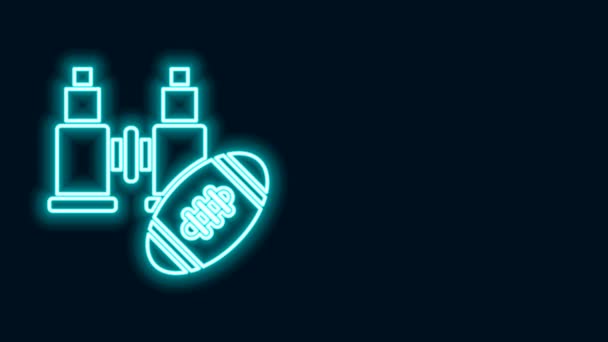 Glowing neon line Binoculars and american football ball icon isolated on black background. Find software sign. Spy equipment symbol. 4K Video motion graphic animation — Stock Video