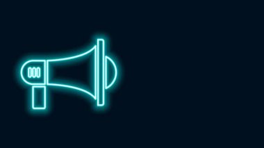 Parlayan neon hattı Megafon simgesi siyah arkaplanda izole edildi. Yüksek sesle konuşma uyarısı. Ağızlık için megafon, terfi diye bağırıyor. 4K Video hareketli grafik canlandırması