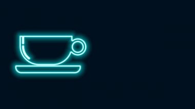 Parlayan neon hattı siyah arka planda izole kahve fincanı simgesi. Çay fincanı. Sıcak içecek kahvesi. 4K Video hareketli grafik canlandırması