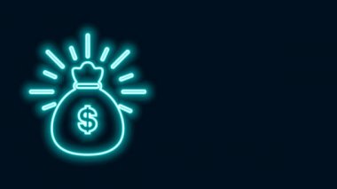 Parlayan neon hattı Para Çantası simgesi siyah arkaplanda izole edildi. Dolar ya da USD sembolü. Nakit bankacılık tabelası. 4K Video hareketli grafik canlandırması