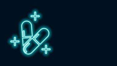 Siyah arkaplanda parlayan neon hattı ilaç veya tablet ikonu. Kapsül hapı ve uyuşturucu işareti. Eczane tasarımı. 4K Video hareketli grafik canlandırması