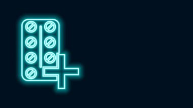 Parlayan neon çizgisi hapları siyah arka planda izole edilmiş. İlaç paketi. Tablet, vitamin, antibiyotik, aspirin. 4K Video hareketli grafik canlandırması