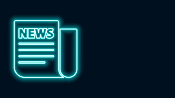 Linea al neon luminosa Icona di notizie isolata su sfondo nero. Segnale del giornale. Simbolo dei mass media. Animazione grafica 4K Video motion — Video Stock