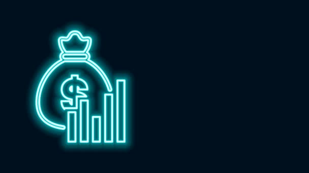 Linha de néon brilhante Saco de dinheiro e diagrama gráfico ícone isolado no fundo preto. Análise financeira, planeamento orçamental, gestão financeira. Animação gráfica em movimento de vídeo 4K — Vídeo de Stock